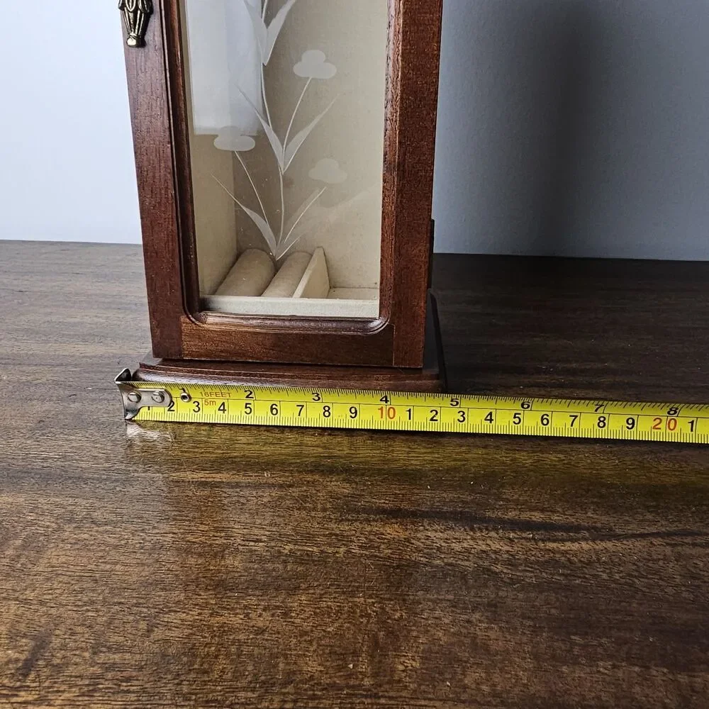 Vintage Wooden Tabletop Jewelry Armoire with Etched Floral Glass Door
